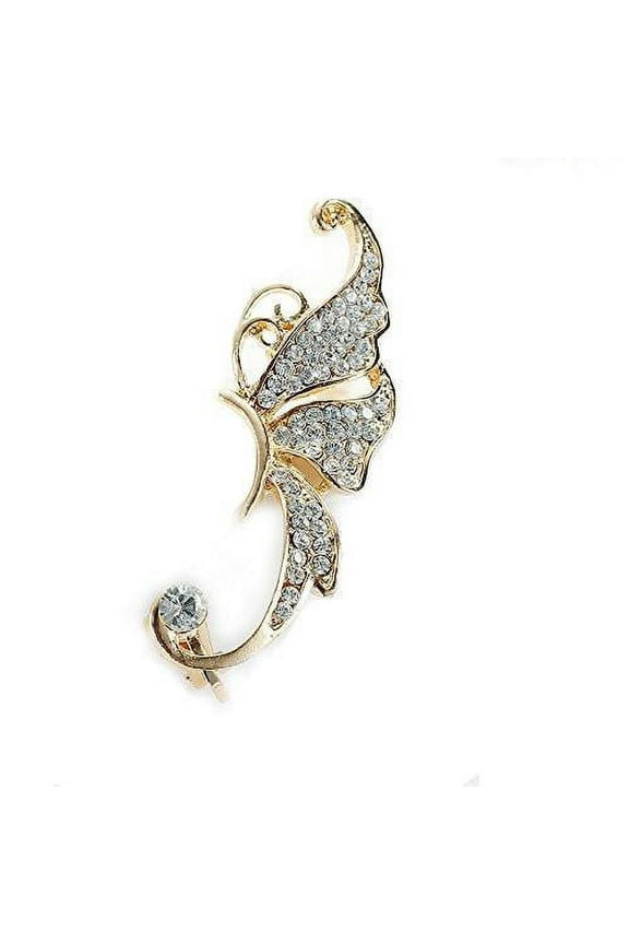 Gold Plated Butterfly Ear Cuff Clip On Stud Wrap Earrings For Left Ear, Clear Rhinestone Butterfly Climber for Women 2 1/8