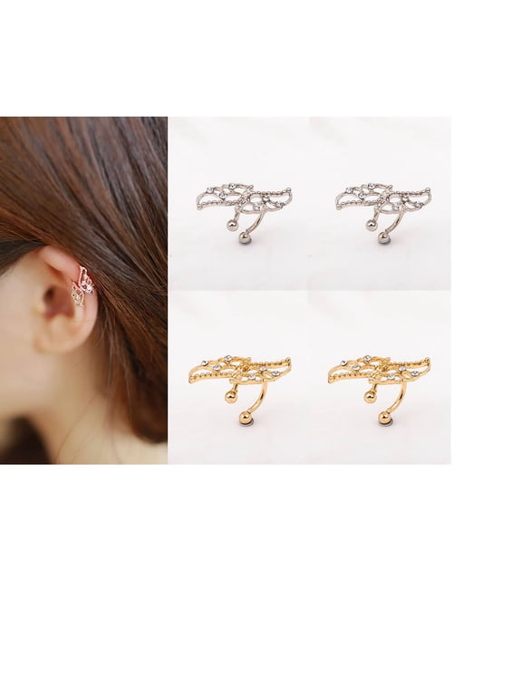 Gold Plated Silver Tone Ear Cuff Earrings For Women Set of 2 Pairs - Zinc Based Alloy + Rhinestones, 2.5cm