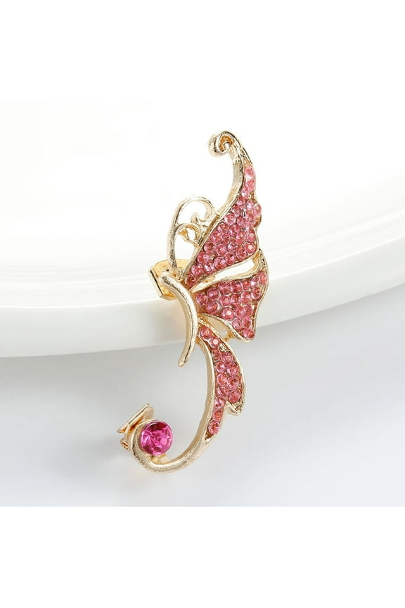Gold Tone Ear Cuff Clip On Stud Wrap Earrings For Left Ear Butterfly Gold Plated With Fuchsia Rhinestone - Alloy + Rhinestones