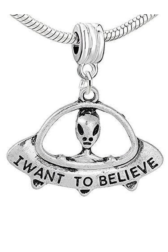 I Want to Believe Alien in UFO Dangle European Bead Compatible with Most European Snake Chain Bracelets - Zinc Metal Alloy, 1 Charm