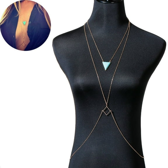 Sexy Sparkles Iron Based Alloy Bikini Beach Crossover Harness Necklace Waist Belly Body Chain Gold Plated Jewelry - Zinc, Iron Based Alloy & Turquoise
