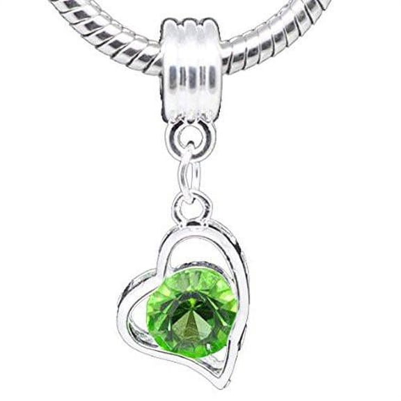 Sexy Sparkles Light Green Rhinestone August Birthstone Heart Dangle for European Snake Chain Charm Bracelet