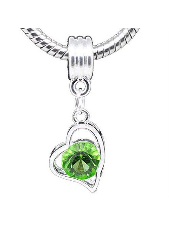 Light Green Rhinestone August Birthstone Heart Dangle for European Snake Chain Charm Bracelet