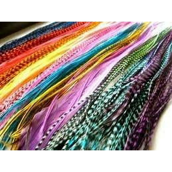 Sexy Sparkles Mix Feathers Hair Extension Individual Vivid Grizzly & Solid Block Plus 10 Silicone Crimp Beads - 20 Feathers, 7-11in