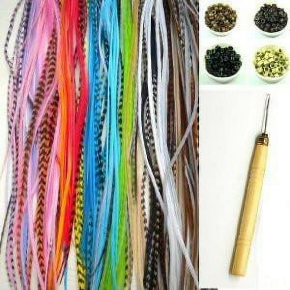 Sexy Sparkles Multi Feathers Hair Extension Kit 10 Long Single Feathers Plus 10 Micro Beads & hook Tool - 7-11 inch