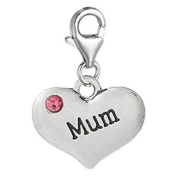 Sexy Sparkles Mum Heart With Pink Crystal Clip-On Pendant for European Charm Jewelry with Lobster Clasp - Zinc Metal Alloy + Rhinestone, 1 Dangle