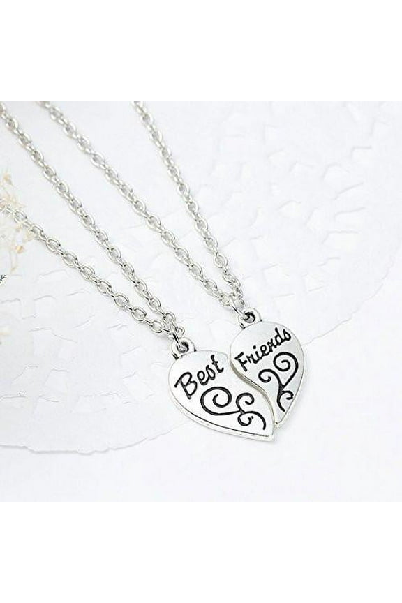 One Link Cable Necklace Chain Broken Heart Friendship Engraved BFF Message BEST FRIENDS Flower Carved Pendant, Zinc Iron Based Alloy