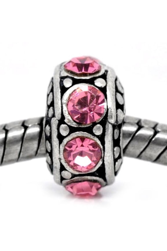 Pink Rhinestone October Birthstone Spacer Bead Charm for European Snake Chain Charm Bracelet - Zinc Metal Alloy, Silver Base Metal