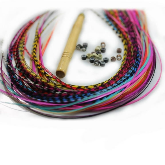 Sexy Sparkles Real Rooster Feather Hair Extensions, Long Rainbow Colors with Beads and Loop Tool Kit - 20 Feathers