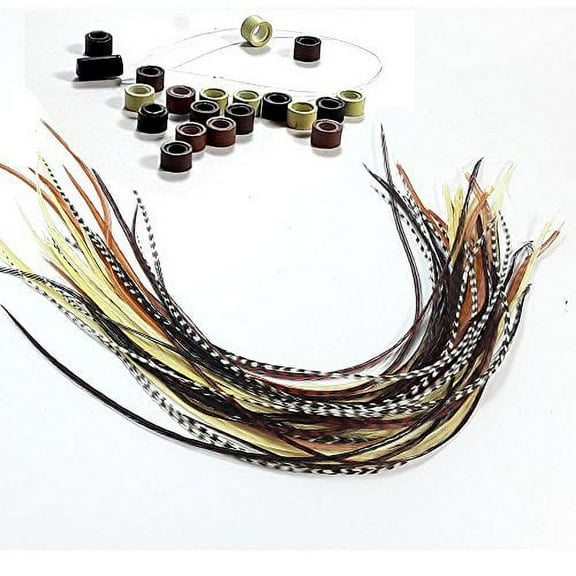 Sexy Sparkles Real Rooster Feathers Hair Extensions, Long Natural Colors with Bonus Micro Beads and Loop Tool Kit - 20 Feathers