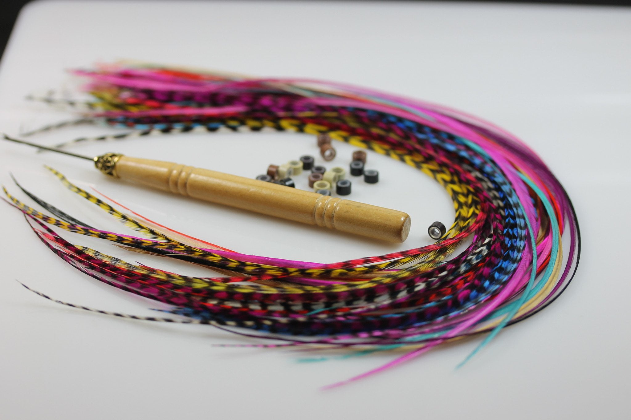 SEXY SPARKLES FASHION JEWELRY Sexy Sparkles Real Rooster Feathers Hair Extensions with Beads and Loop Tool Kit, Washable Long Rainbow Colors, 20 Feathers