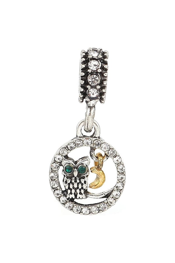 Rhinestone Owl with Dangling Moon Charm Compatible with Most Major European Brand Bracelets - Zinc Based Alloy, 24mm x12mm