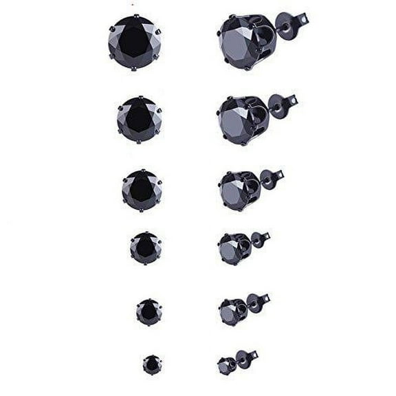 Sexy Sparkles Shiny Round Black Cubic Zirconia Stud Earring Women's Jewelry - Solid and Durable, 1 Set of 6 Pairs, 3mm-8mm