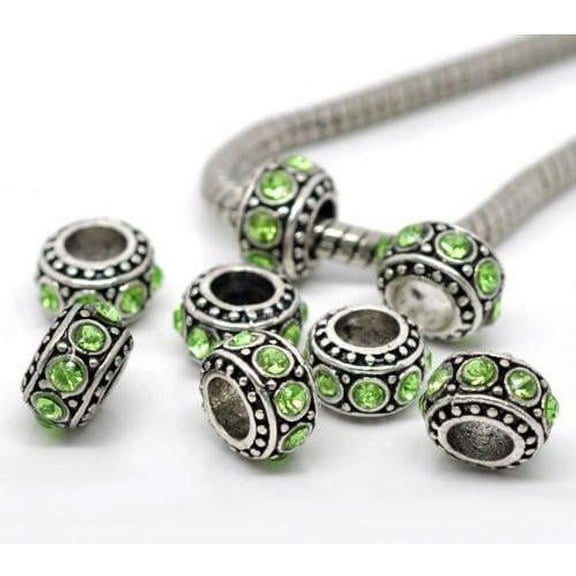 Sexy Sparkles Silver Base Metal August Period Light Green Rhinestone Charms Spacer Beads For Snake Chain Charm Bracelet - Zinc Metal Alloy, 5 Pcs