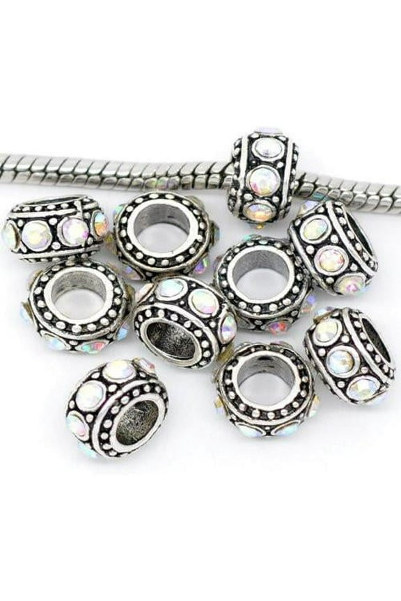 Silver Base Metal Rhinestone Clear Iridescent Rhinestone Charms Spacer Beads For Snake Chain Charm Bracelet for Women- Zinc Metal Alloy, 5 Charms