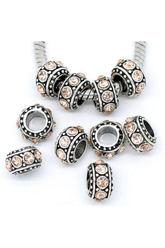 Silver Based November Birthstone Topaz Rhinestone Charms Spacer Beads For Snake Chain Charm Bracelet - Zinc Metal Alloy, 5 Charms