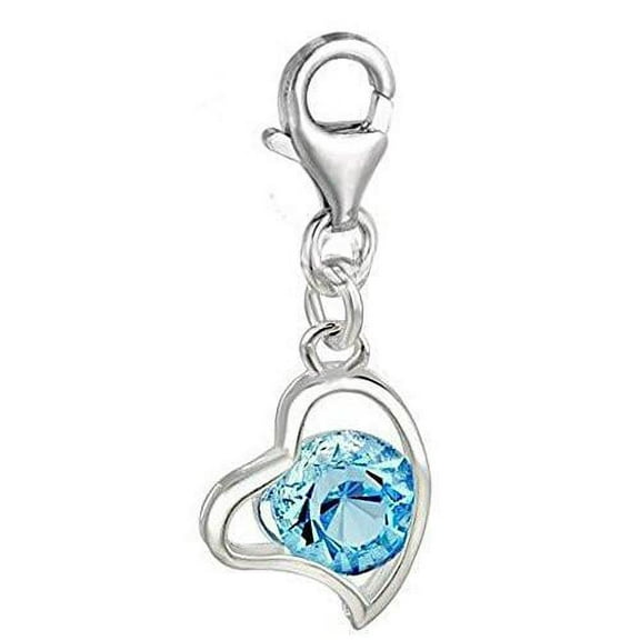 Sexy Sparkles Silver Plated Base Metal Clip on March Birthstone Heart Charm Pendant for European Jewelry with Lobster Clasp - Zinc Metal Alloy