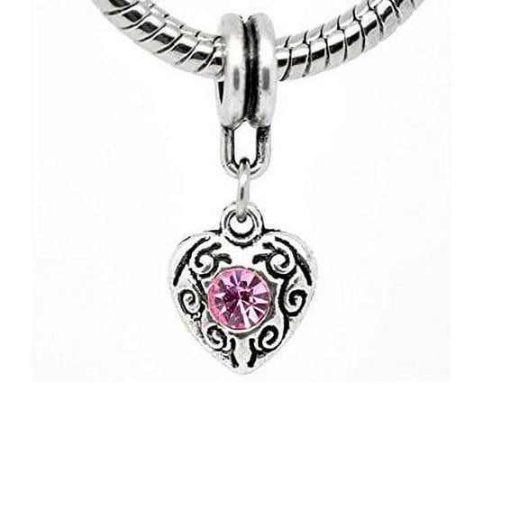 Sexy Sparkles  Silver Plated Metal Base Heart Dangle With June/ October Pink Birthstone Charms for Snake Chain Bracelet - Zinc Metal Alloy, 1 Charm