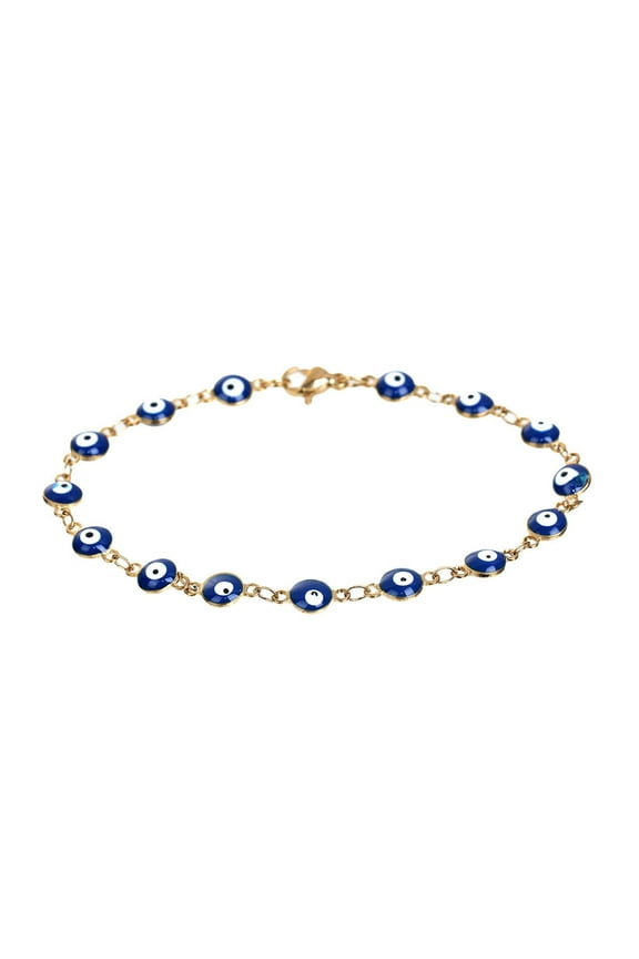 Stainless Steel Evil Eye Bracelet Gold Tone Overlay with Navy Blue Mini Evil Eye Beads, Hypoallergenic, Nickel Free - 8 1/8 Inch Clasp Bracelet