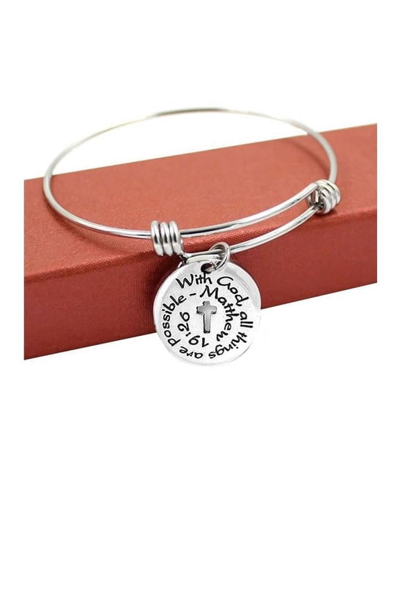 Stainless Steel Religious Cross With God all Things Are Possible Expandable Wire Bangle Bracelet Charm - Zinc Metal Alloy