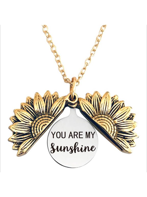 Stainless Steel Sunflower Necklace Locket with Engraved Hidden Message You are My Sunshine Necklace Pendant for Women, Mother, Daughter - Zinc Based Alloy