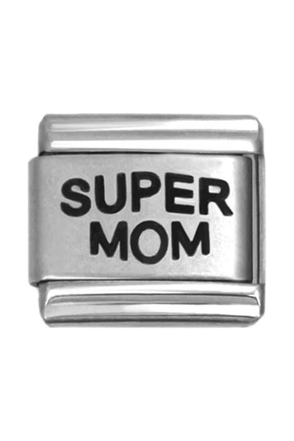 Stainless Steel Super Mom Laser Etched Charm for link Bracelet - 9mm, 1 Charm