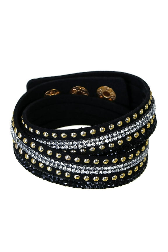 Suede Velvet Multi Layer Wrap Adjustable Bracelet for Women with Rhinestones Golden Black Slake Button Clamp Adjustable