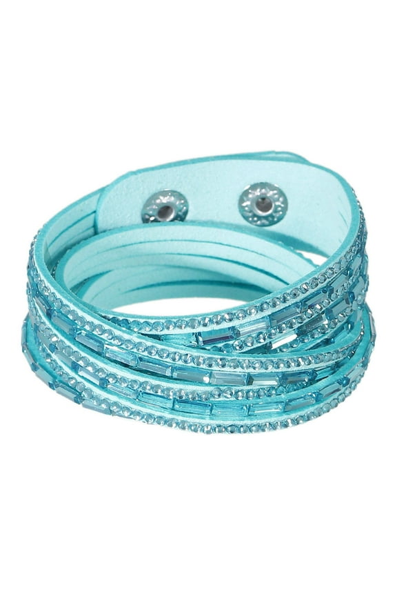 Suede Velvet Multi Layer Wrap Women Teen Girls Bracelet with Rhinestones Mint Green Slake Button Clamp Adjustable