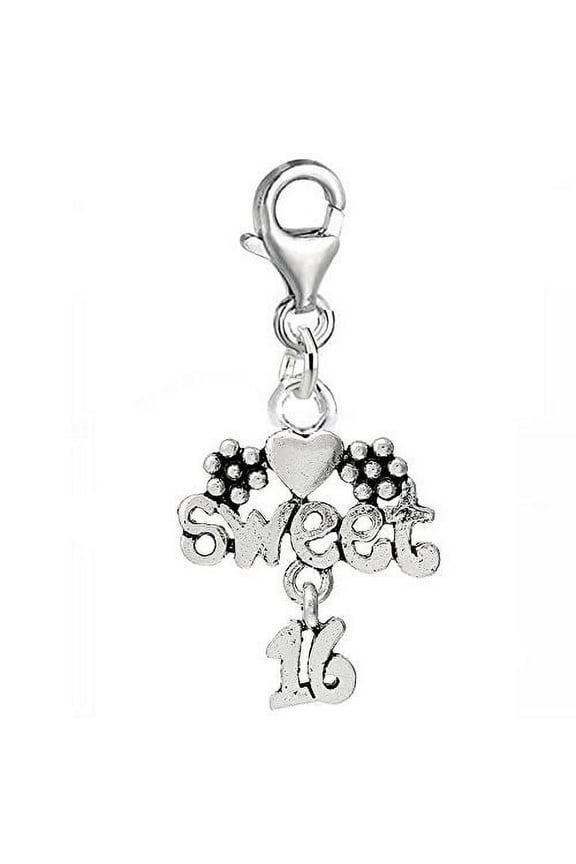 Sweet 16 Flower Heart Clip-On For Bracelet Charm Pendant for European Charm Jewelry with Lobster Clasp - Zinc Metal Alloy