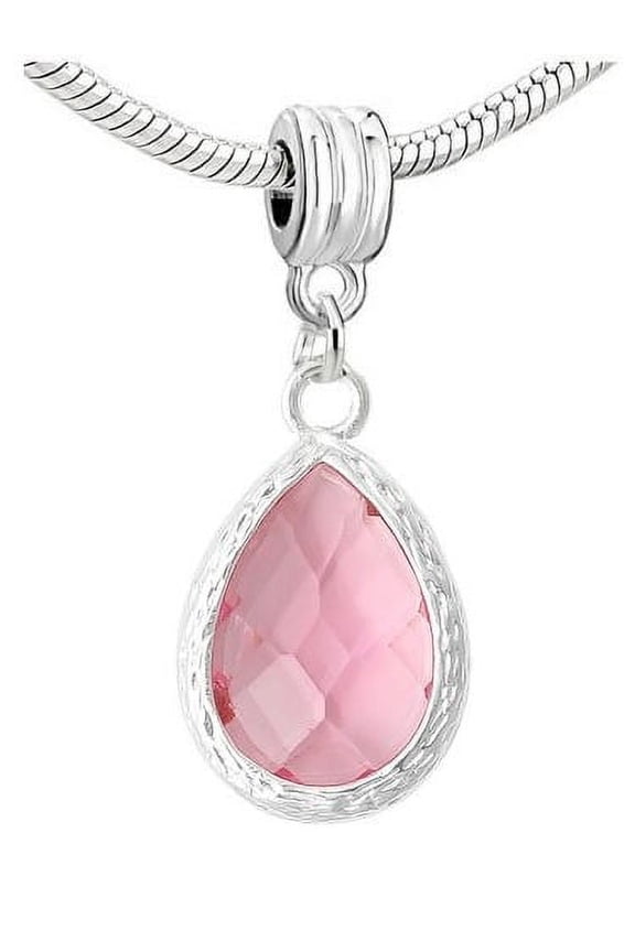 Tear Drop October Birthstone Rhinestone European Bead Compatible with Most European Snake Chain Charm Bracelets - Zinc Metal Alloy, Silver Plated Metal Base, 1 Charm