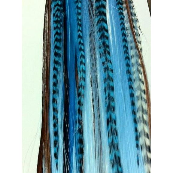 Sexy Sparkles Turquoise Synthetic Hair Extension with Genuine Rooster Blue Mix Grizzly Feathers - 16"