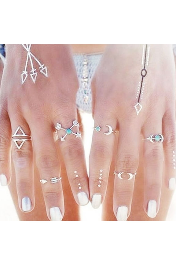 Zinc Based Alloy Fashion Vintage Turkish Antique Silver Arrow Moon Turquoise Joint Knuckle Nail Midi Ring Set - 6Pcs