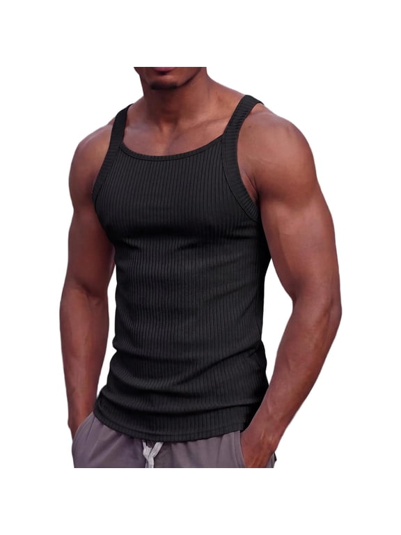 Sexy Square Neck Workout Tank Tops for Men Spaghetti Strap Sleeveless Stretchy Ribbed Pullovers Muscle Tee Shirts, L