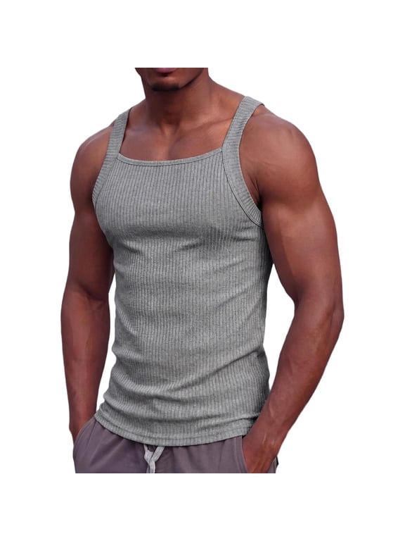 Sexy Square Neck Workout Tank Tops for Men Spaghetti Strap Sleeveless Stretchy Ribbed Pullovers Muscle Tee Shirts, L
