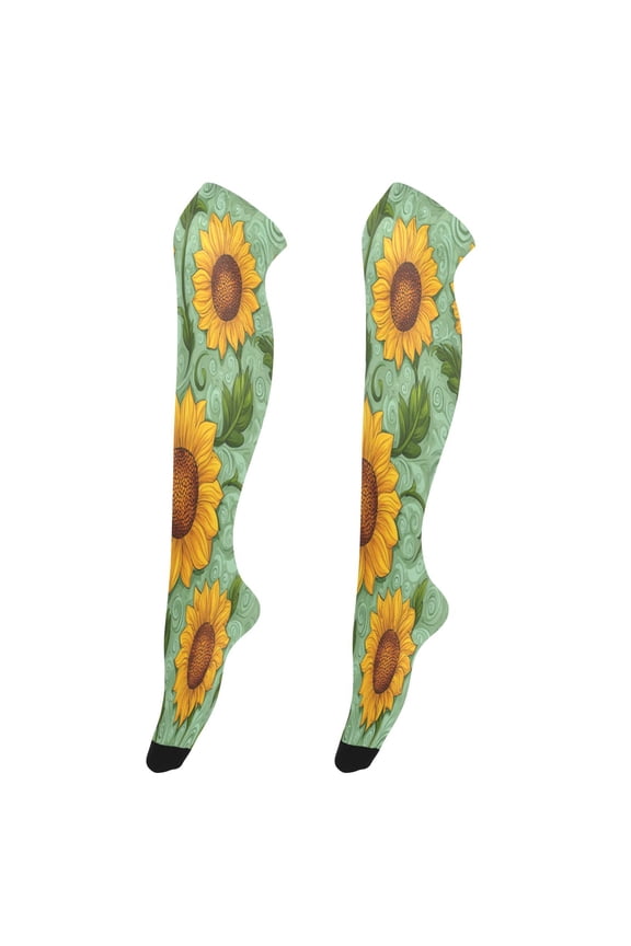 Sexy Stay Up Thigh High Stockings for Women - Beautiful Hand-painted Sunflowers Silky Smooth Sheer Nylon with Non-Slip Band