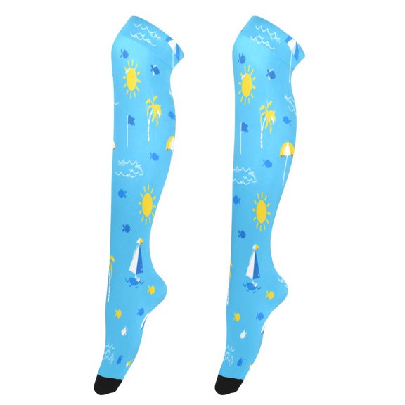 Sexy Stay Up Thigh High Stockings for Women - Blue Beach Summer Pattern Silky Smooth Sheer Nylon with Non-Slip Band