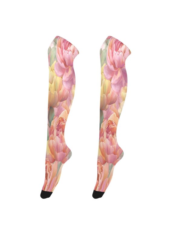 Sexy Stay Up Thigh High Stockings for Women - Blush Rose Gold Flowers Silky Smooth Sheer Nylon with Non-Slip Band