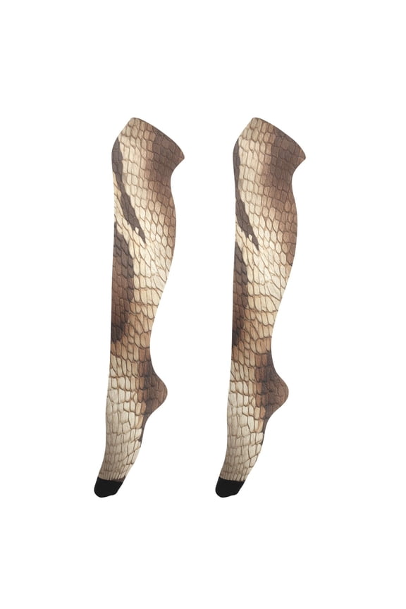 Sexy Stay Up Thigh High Stockings for Women - Brown Snake Skin Pattern Silky Smooth Sheer Nylon with Non-Slip Band