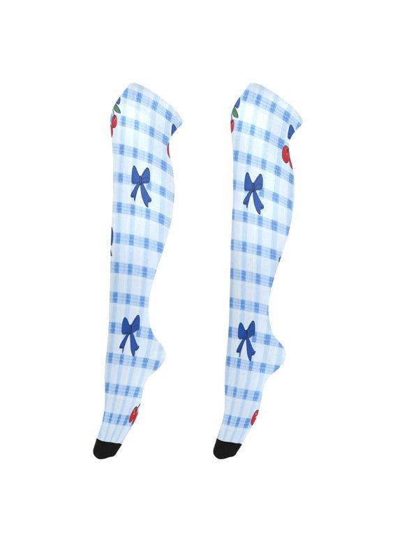 Sexy Stay Up Thigh High Stockings for Women - Cherry and Blue Bows Silky Smooth Sheer Nylon with Non-Slip Band