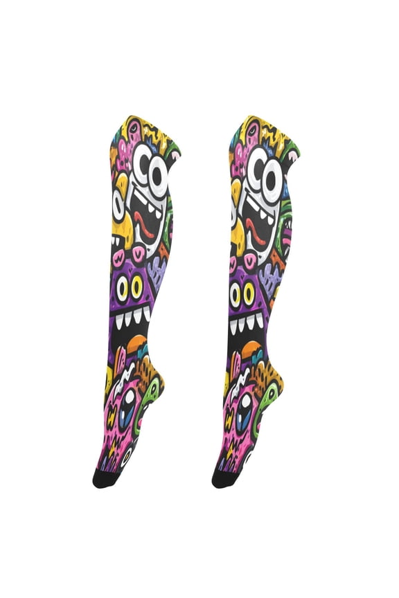 Sexy Stay Up Thigh High Stockings for Women - Colorful Cartoon Monsters Silky Smooth Sheer Nylon with Non-Slip Band