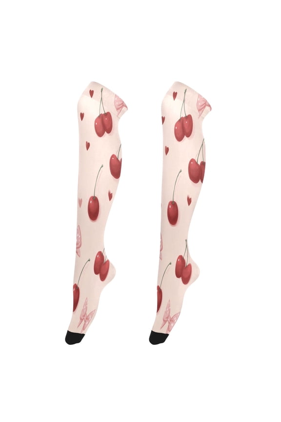 Sexy Stay Up Thigh High Stockings for Women - Coquette Cherry Bow Heart Silky Smooth Sheer Nylon with Non-Slip Band