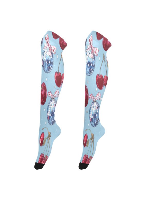 Sexy Stay Up Thigh High Stockings for Women - Disco Balls with Cherries Silky Smooth Sheer Nylon with Non-Slip Band