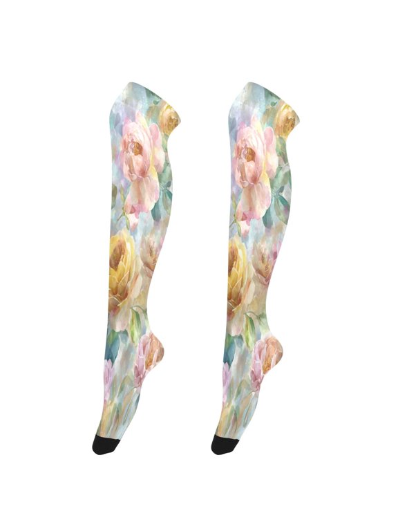 Sexy Stay Up Thigh High Stockings for Women - Fantasy Peonies and Roses Silky Smooth Sheer Nylon with Non-Slip Band