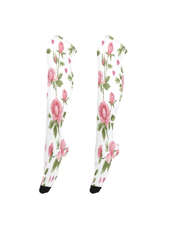 Sexy Stay Up Thigh High Stockings for Women - Floral Rose Seamless Print Silky Smooth Sheer Nylon with Non-Slip Band