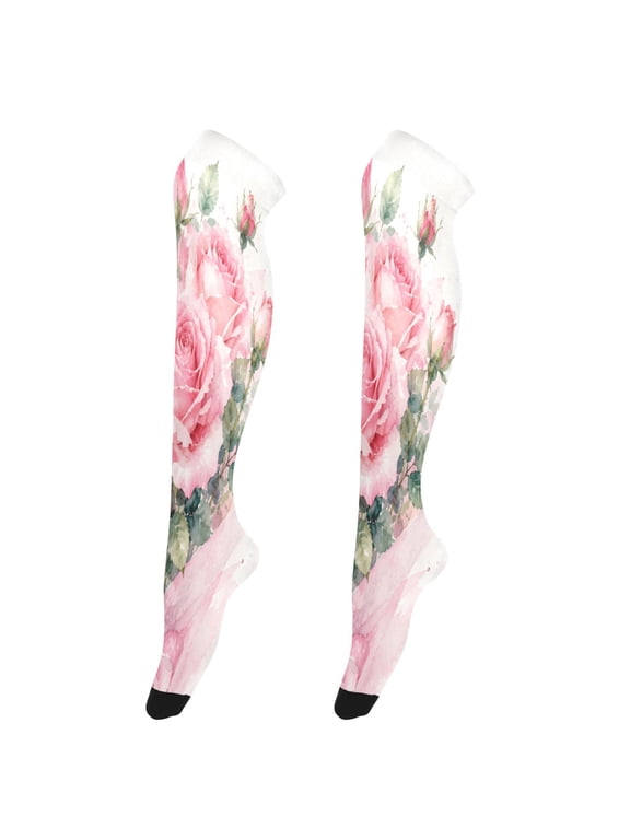 Sexy Stay Up Thigh High Stockings for Women - Gentle Watercolor Rose Gift Silky Smooth Sheer Nylon with Non-Slip Band