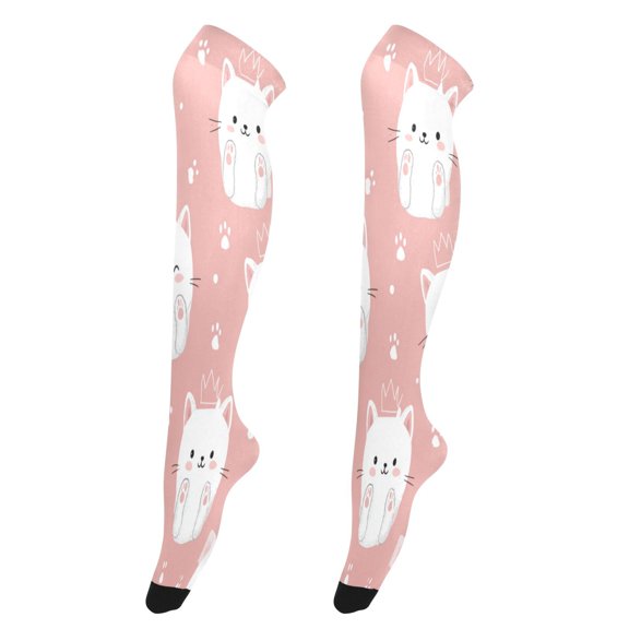Sexy Stay Up Thigh High Stockings for Women - Kawaii White Cats Silky Smooth Sheer Nylon with Non-Slip Band