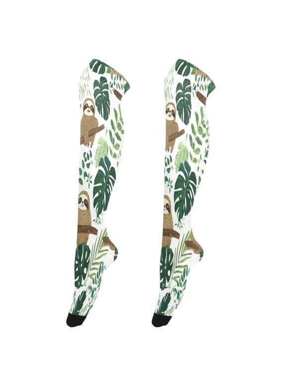 Sexy Stay Up Thigh High Stockings for Women - Leafy Sloth Design Silky Smooth Sheer Nylon with Non-Slip Band