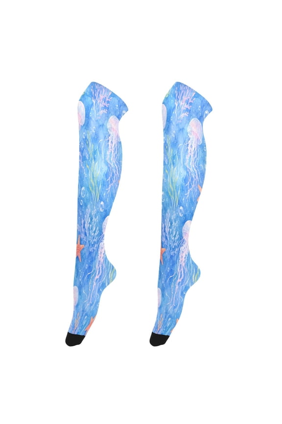 Sexy Stay Up Thigh High Stockings for Women - Pastel Jellyfish Sea Silky Smooth Sheer Nylon with Non-Slip Band