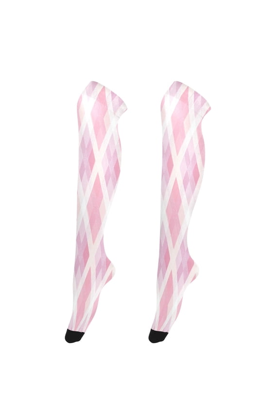Sexy Stay Up Thigh High Stockings for Women - Pink Purple Argyle Plaid Silky Smooth Sheer Nylon with Non-Slip Band