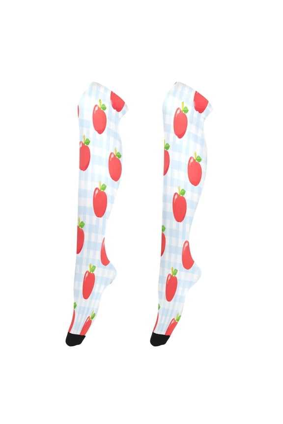 Sexy Stay Up Thigh High Stockings for Women - Red Apple Blue Gingham Pattern Silky Smooth Sheer Nylon with Non-Slip Band